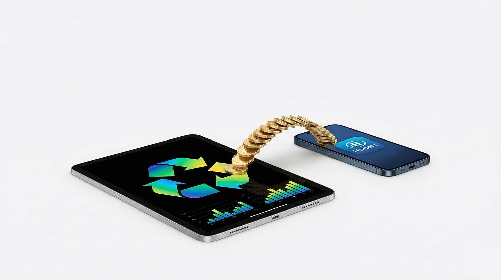 iPad 平板與希爾頓榮譽客會 App 畫面象徵點數回收